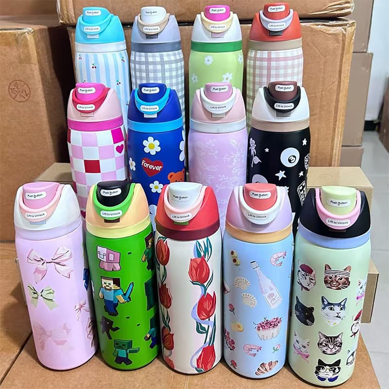 Cross-border OW same style 304 stainless steel thermos cup cartoon double drinking straw water cup large capacity handle portable fruit