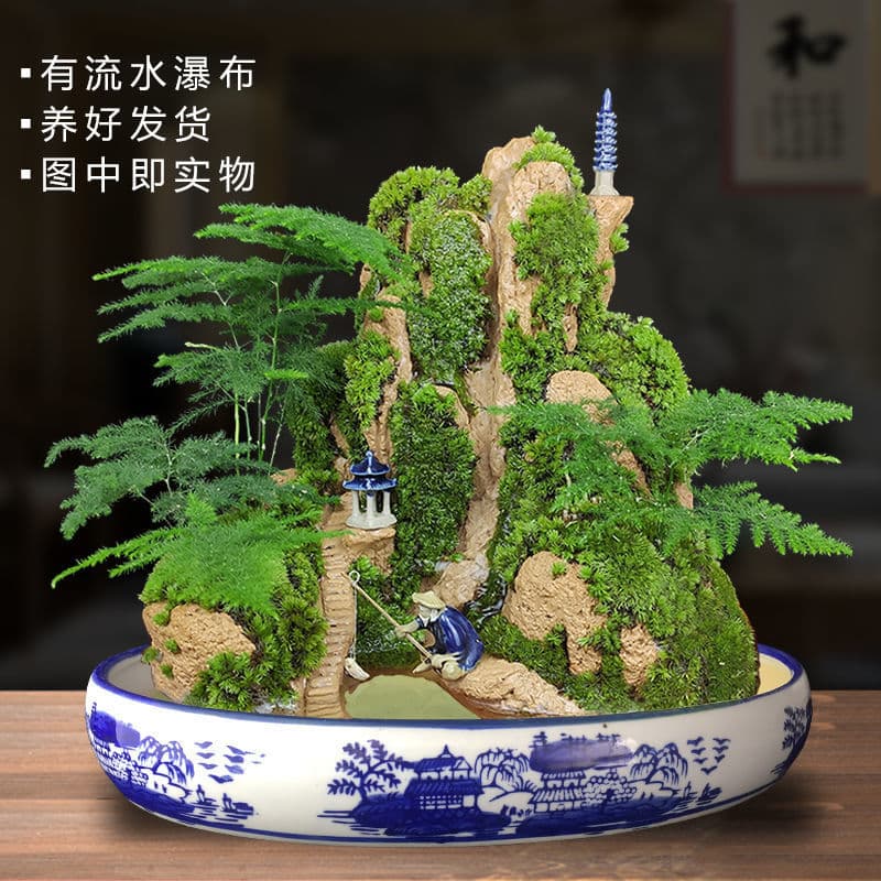 Water-absorbing rockery bonsai with flowing water, indoor potted plants, water-retaining stone ornaments, natural landscape greenery
