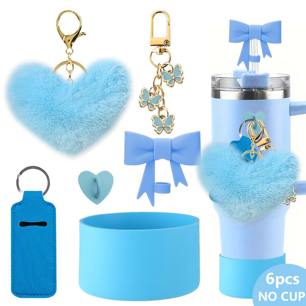 Stanley Valentine's Day Heart Pom-Pom Pendant Silicone Cup Sleeve Bow Straw Stopper Couple Heart Keychain