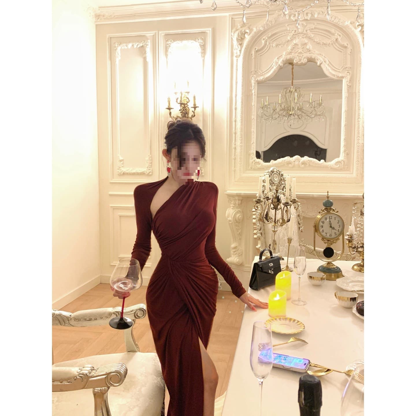Wine Red Off-Shoulder Long-Sleeve Dress for Women Winter Pleated Waist Slimming Bodycon Slit Midi Dress