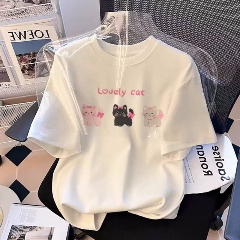 Cat Children's Summer Short Sleeve T-Shirt 2026 New Style, Cotton Top for Big and Medium Kids, Girls' Pure Cotton Tee