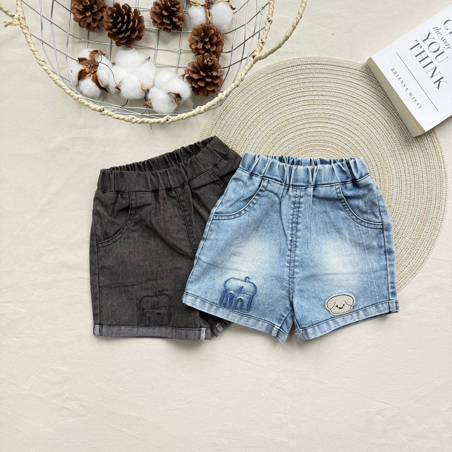 Korean style ins summer denim shorts thin stretch cartoon embroidered pattern men and women wear fashionable style pants
