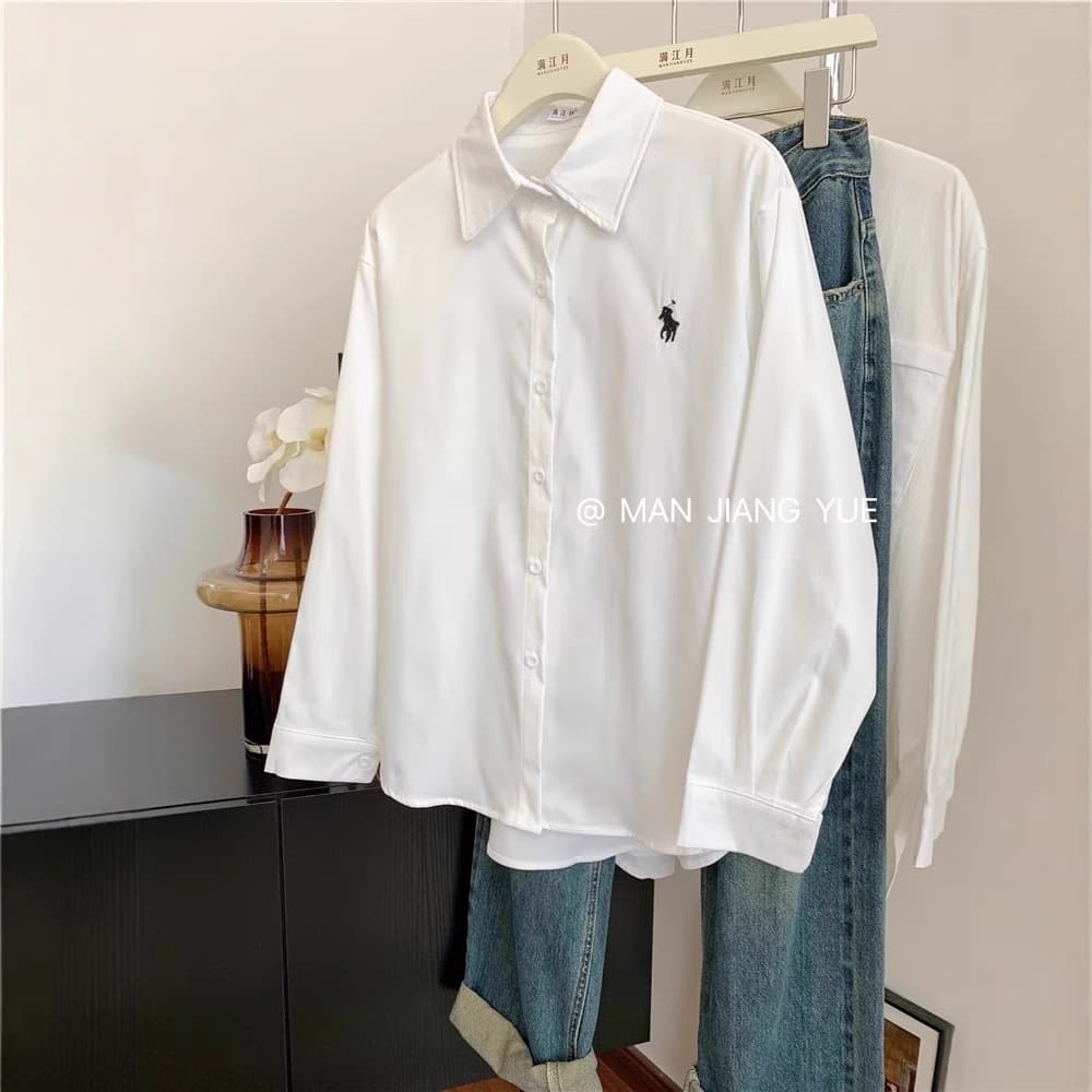 Dopamine Korean-style Small Horse Embroidery Polo Collar Shirt for Women Spring/Summer New Trendy Design Loose Casual Blouse