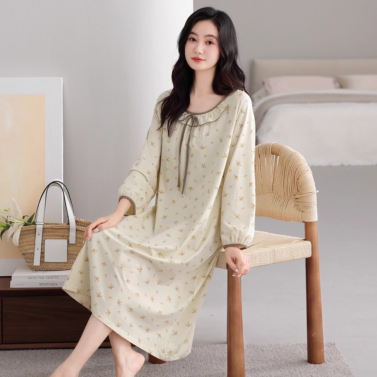 Simple Casual Comfort Cotton Nightgown Women's Spring Autumn Long Sleeve Long Dress Round Neck Plus Size Loungewear