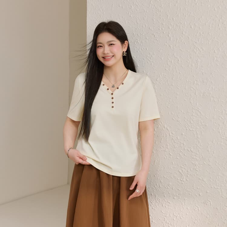 Old Money Relaxed Fit T-Shirt: Blended Cotton V-Neck Top, Xianlixiu Plus Size Women's Summer New Arrival
