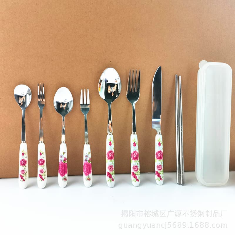 ins style stainless steel tableware rose color ceramic handle knives, forks and spoons 5-piece set western dessert forks and spoons steak knives