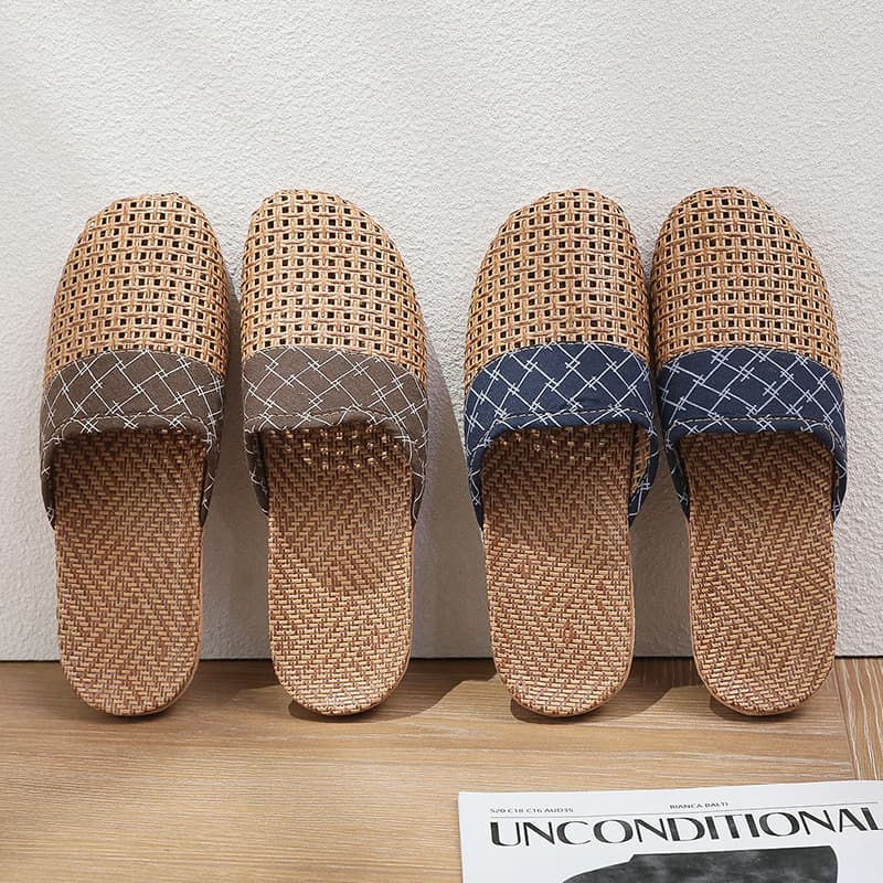 Rattan Slippers for Home Summer, Linen Slippers Indoor Silent Non-Slip Japanese Wood Floor Linen Slippers Breathable Woven