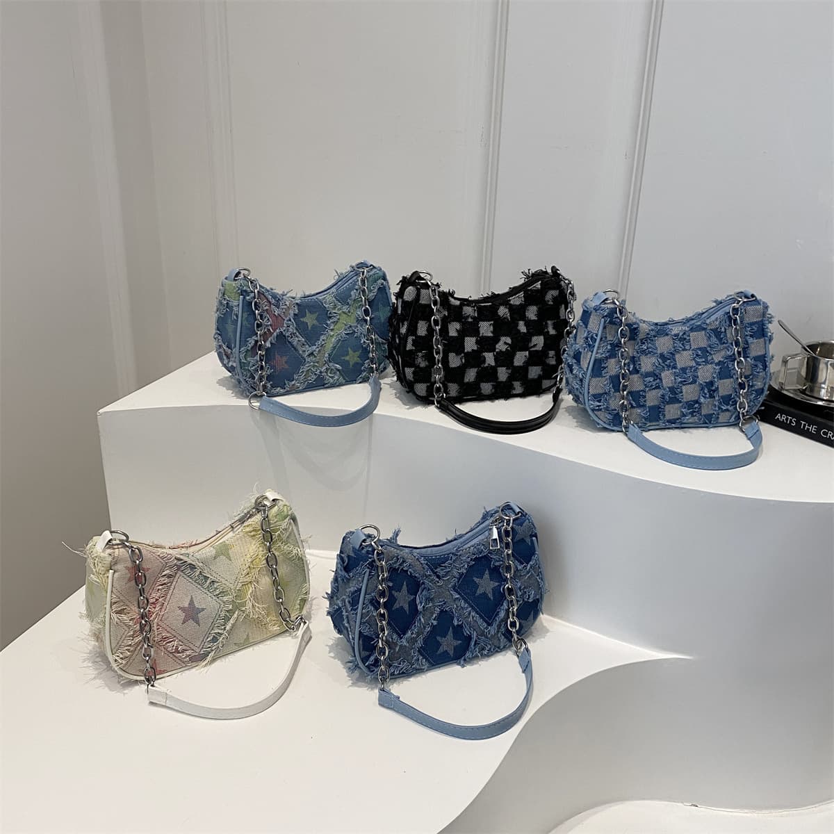 Personalized five-pointed star checkerboard denim fashionable design casual chain armpit single shoulder small square bag for women