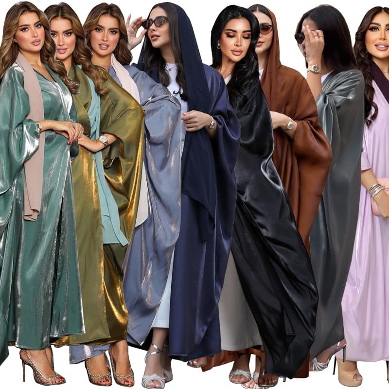 MQ049 2025 Summer Modest Fashion Shiny Satin Solid Color Batwing Sleeve Long Dress Plus Size Women's Clothing