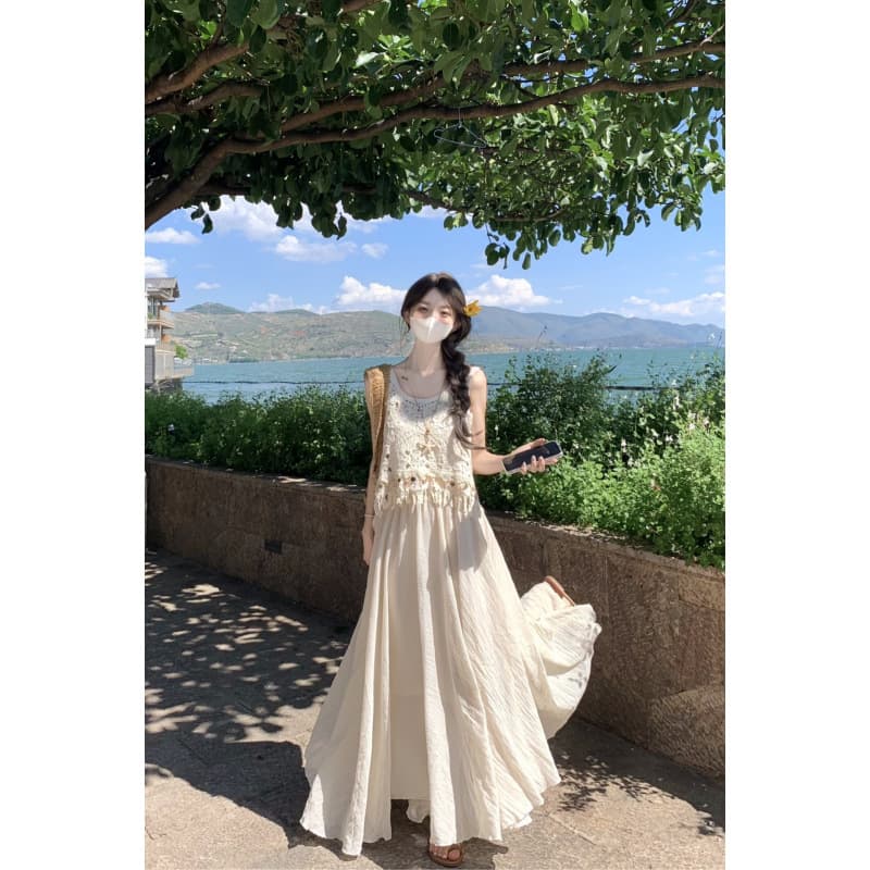 Actual Photo 2026 Summer New Bohemian Ethnic Style Vacation Hollow Out Vest Women's Skirt Two-Piece Set