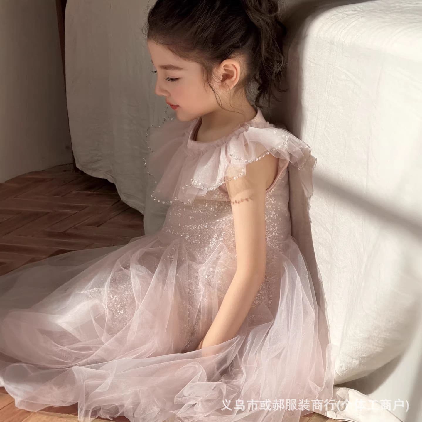 2026 Summer Light Luxury Girls Dresses Sequined Small Flying Sleeves Princess Dress Children's Birthday Party Piano Performance Costume