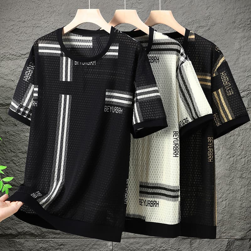 Oversize 350 Jin Striped Short-Sleeved T-Shirt Men's Summer Mesh Elastic Casual Half-Sleeved Plus Size Quick-Drying Hollow-Out T-Shirt