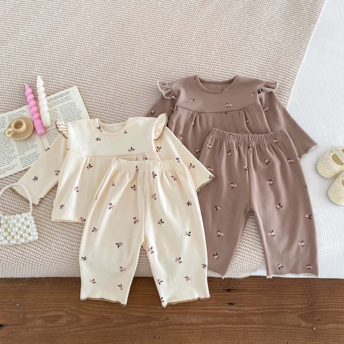 Korean style autumn and winter baby girl autumn clothes and long pants bottoming set baby girl printed home clothes pajamas two-piece set