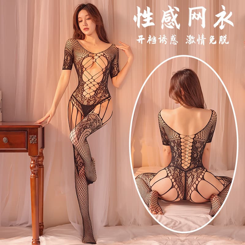 Nighttime Seduction European and American Plus Size Lingerie Mesh Women's Sexy Lingerie Fishnet Open-Crotch Bodysuit 9001