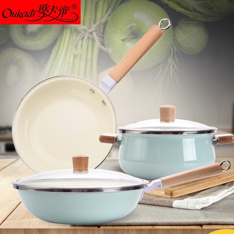 Enamel Stockpot, Wok, and Frying Pan with Lids 3-Piece Set, Enamel Coating, Gift Box Packaging, Wooden Handles, Wholesale for Export
