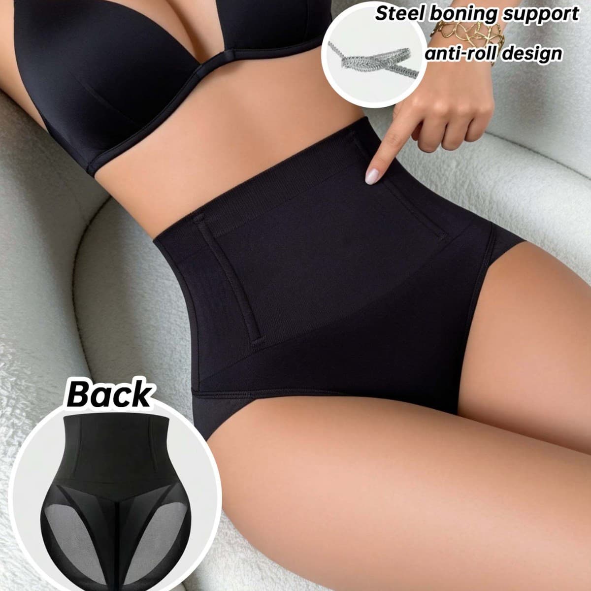 High-Waist Invisible Shapewear Panty with Lace Sexy Hollow-Out Design, Built-in Boning for Strong Tummy Control and Butt Lift