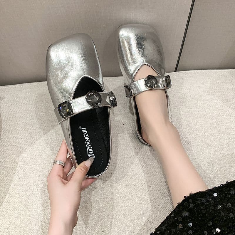 Two-Way French Mary Jane Flats for Women, 2025 Summer New Style Soft Sole Leather Shoes for Dresses, Half-Toe Closed-Toe Slippers