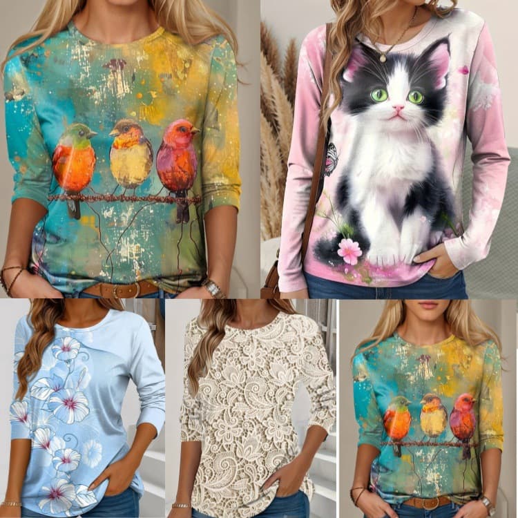 2025 new autumn cross-border European and American Amazon fashion casual flower animal print long-sleeved round neck T-shirt for women
