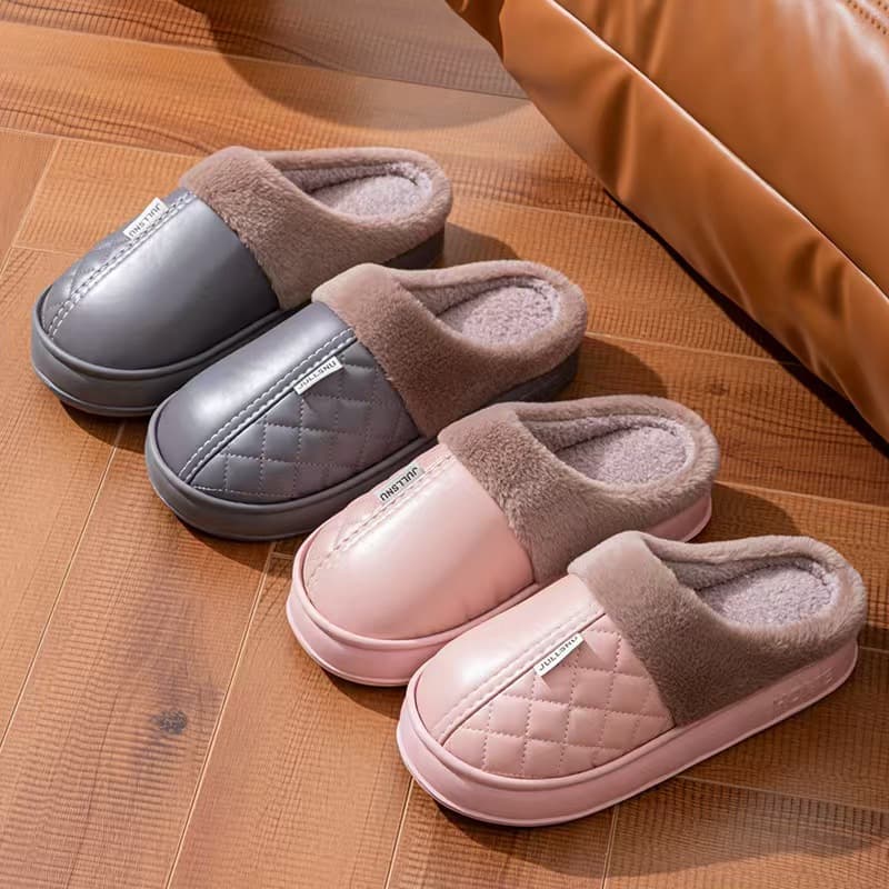 Women's winter PU leather slippers, warm, non-slip, waterproof, new fashionable home wear, couple slippers, men's wholesale.