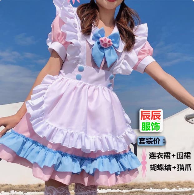 S-4XL Plus Size Maid Costume Super Cute Big Bow Lolita Dress Crossdressing Pink Blue Adorable Dress