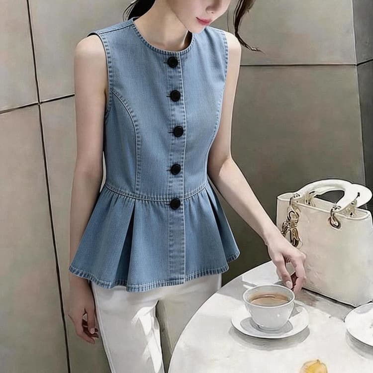 2026 summer new fashion casual super good-looking versatile high-end lace hem sleeveless blue denim vest