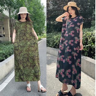 Cotton Silk Dress Women 2026 New Summer Loose Plus Size Pocket Retro Floral Dress Outerwear Artificial Cotton Long Dress
