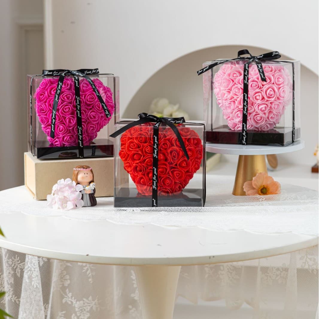 Valentine's Day Hot Selling Foam Flower Heart Ornament PE Rose Heart Simulation Rose Peach Heart PVC Gift Box