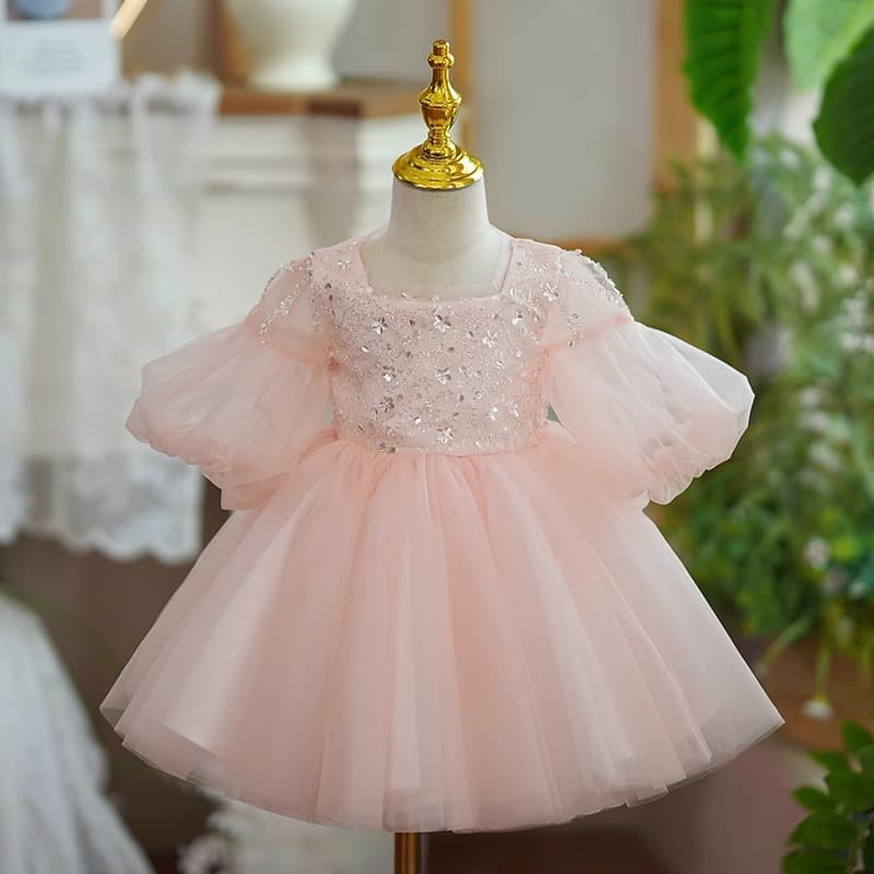Girls' Evening Dress, Wedding Flower Girl Pink Tulle Skirt, First Birthday Sweet Princess Dress, Piano Performance Outfit