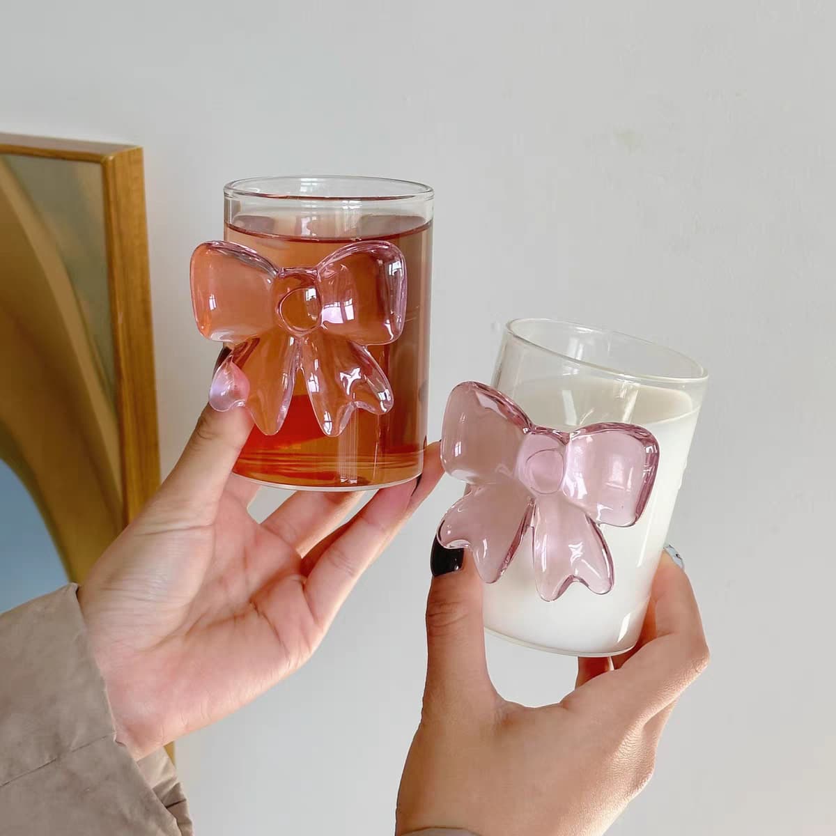 Pink bow tie princess glass juice cup ins style with handle high-looking mug large bow tie glass cup