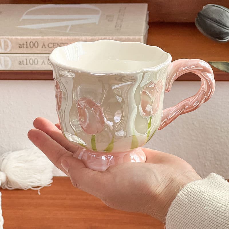 Pearlescent Flower Goblet, Tulip Ceramic Mug, Hand-painted Personalized Mug, Souvenir, Birthday Gift for Best Friend