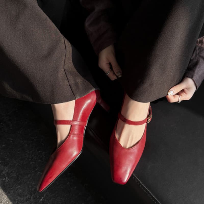 5cm Genuine Leather Red Shallow-Cut Mary Jane Shoes for Women, Medium Heel, Square Toe, Elegant and Versatile Slip-On Style