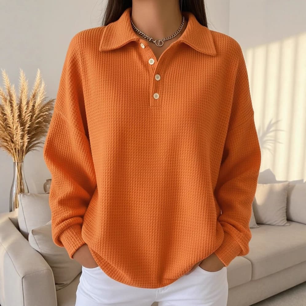 European/American Cross-Border 2025 Autumn/Winter New Loose Solid Color Collar Versatile Polo Shirt, Waffle Knit Long-Sleeve Women's Top