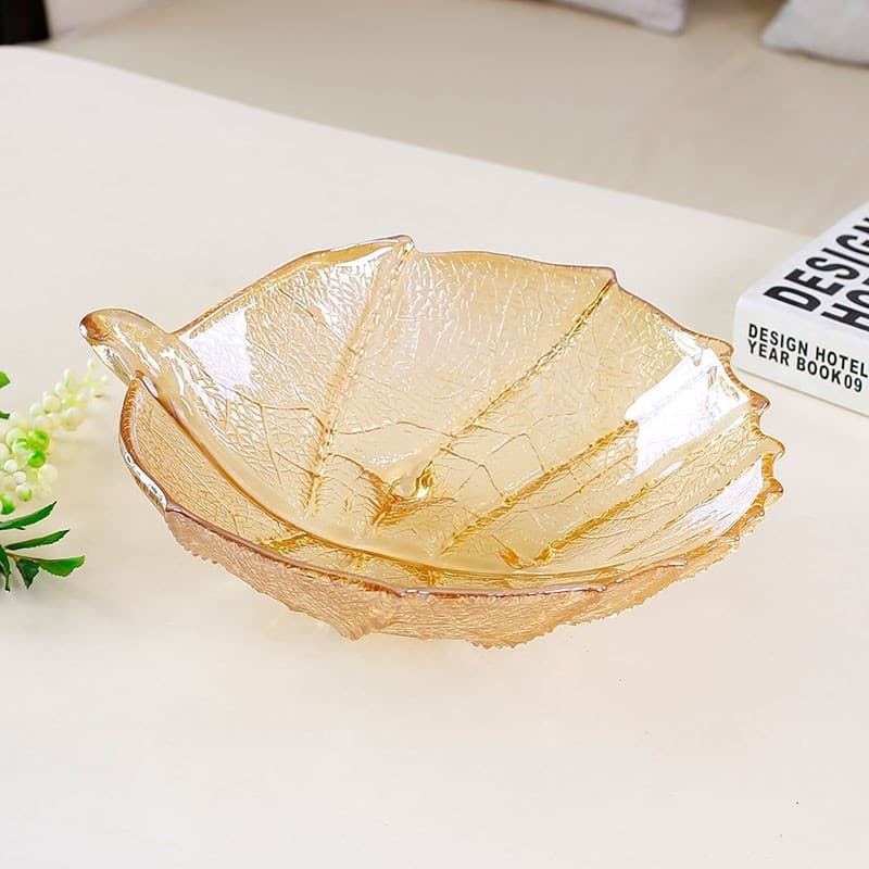 European-style Glass Fruit Tray for Living Room, Home, Commercial, Hotel Buffet, Cold Dish Plate, Snack Plate, Light Luxury Colored Glass Leaf Design