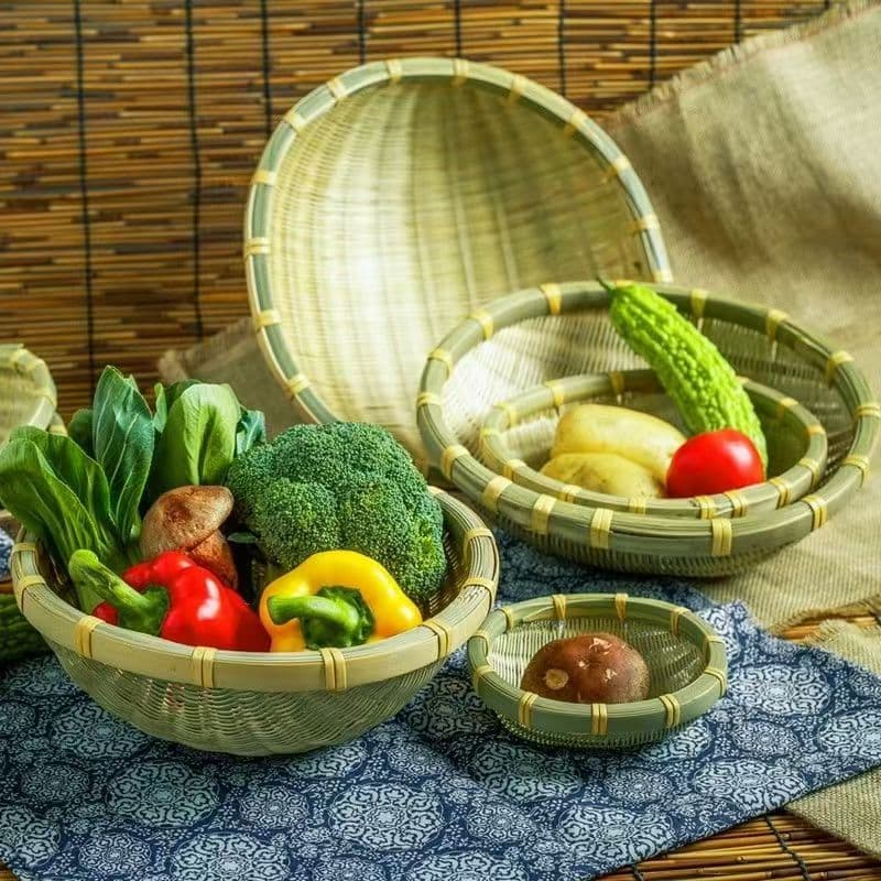 Free Shipping Woven Bamboo Winnowing Basket Round Rice Basket Bamboo Fruit Basket Household Bamboo Basket Rice Washing Basket