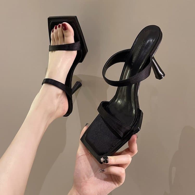 Sexy Black Outdoor Sandals for Women 2026 Summer New Style, Open Toe Thin Heel One-Band High Heels to Match Dresses