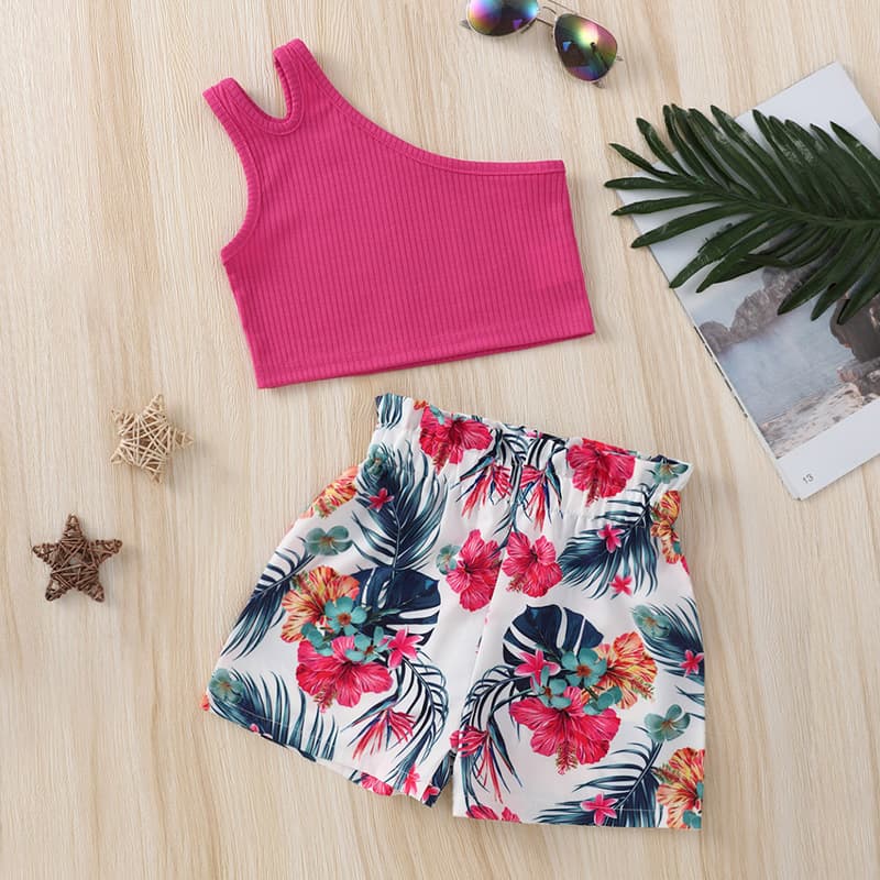 Cross-Border European and American Trendy New Children's Vest and Camisole Casual Clothing Girls' Vest Floral Print Shorts Set
