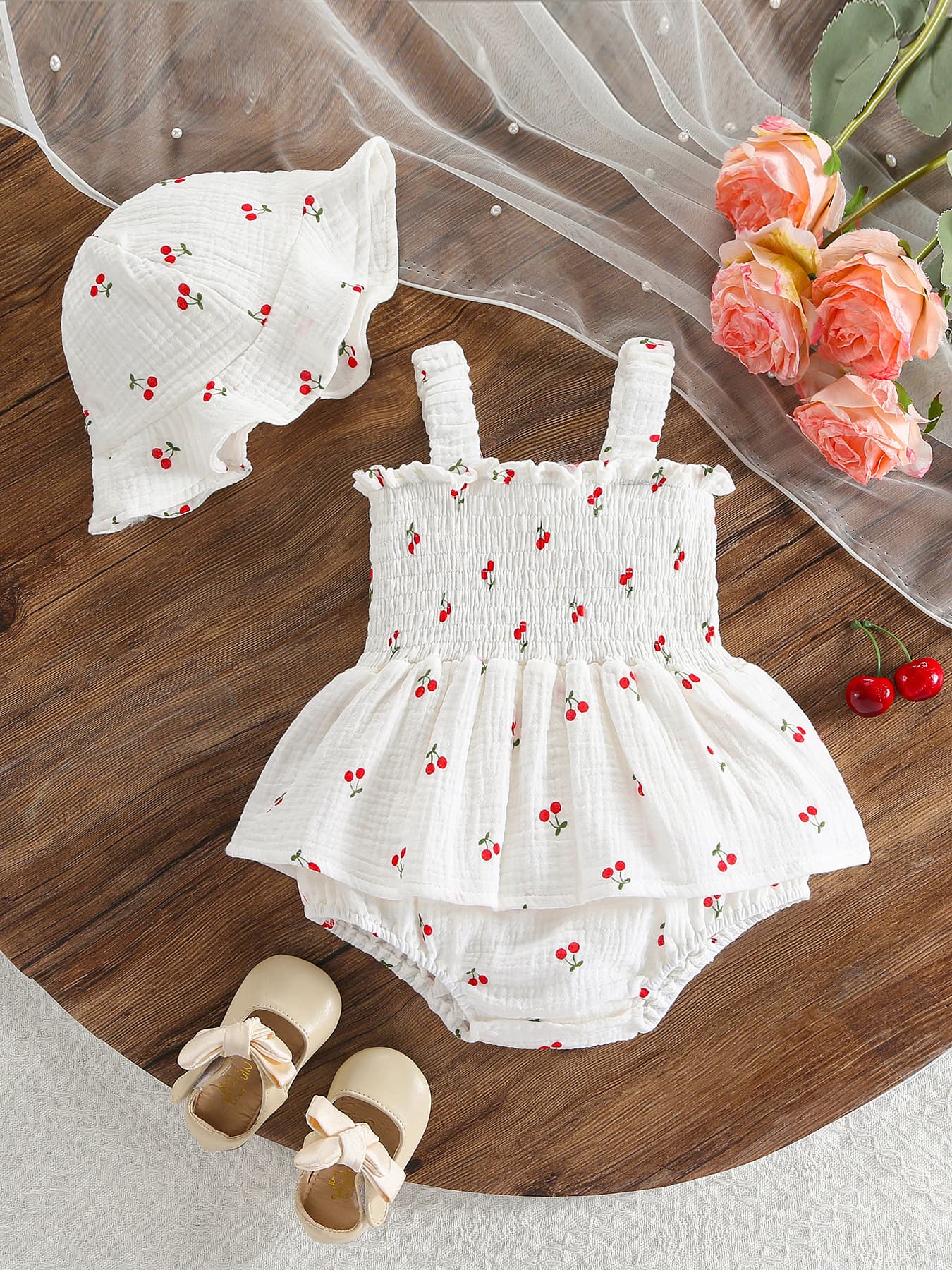 Spring/Summer Best-selling Baby Girl Pink Cherry Blossom Bud Print Ruffle Hem Camisole Bodysuit + Sun Hat