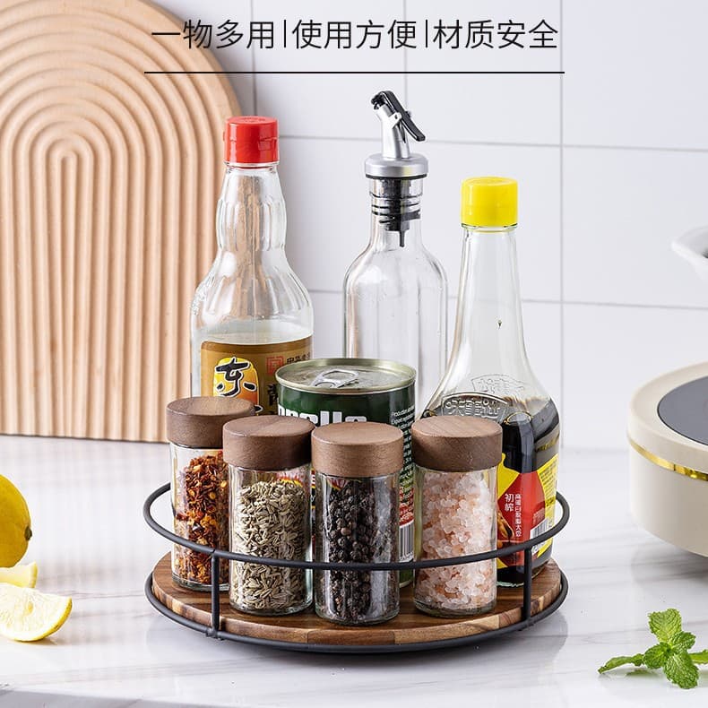 Wooden Round Rotating Storage Rack Kitchen Spice Bottle Organizer Desktop Turntable Storage Rack Solid Wood Storage Tray