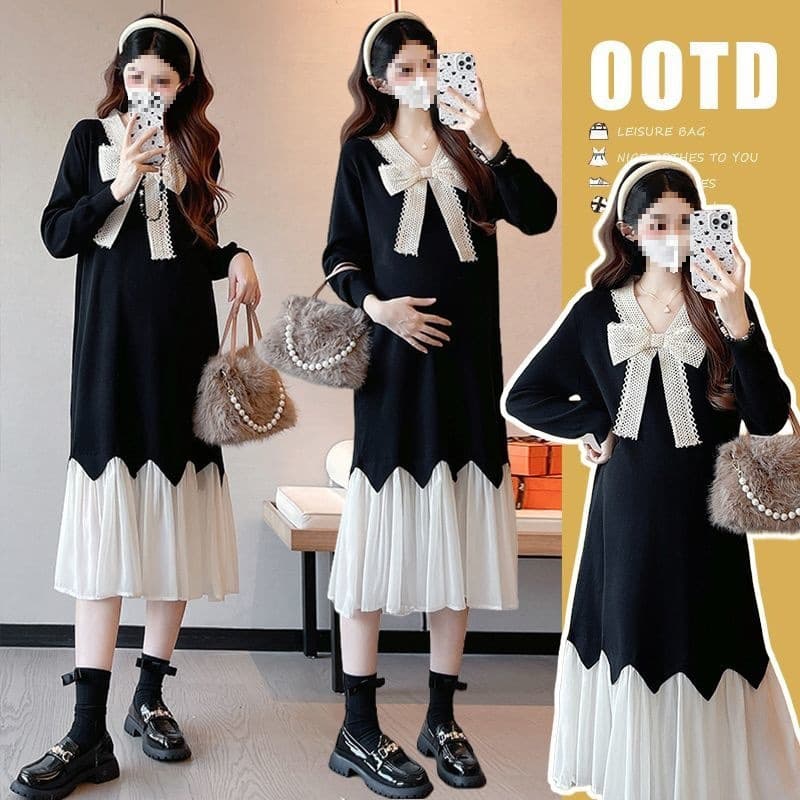 Maternity Dress Autumn New Style Fall Winter Fashion Sweet Butterfly Knot Fishtail Maternity Dress
