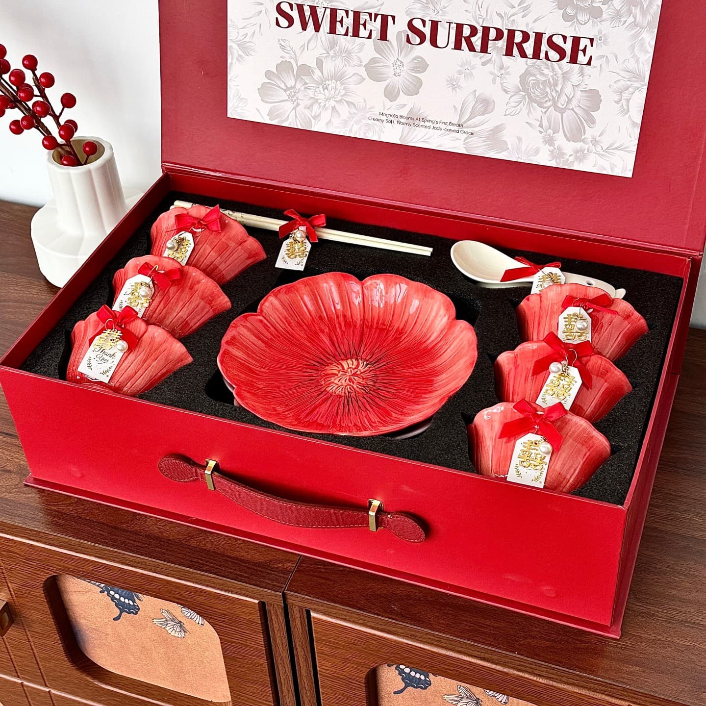 Premium Engagement Dinnerware Set, Wedding & Housewarming Gift for Newlyweds, Practical Bowl Plate Dish Chopstick Set