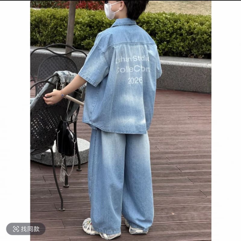 Boys' Summer New Printed Denim Shirt and Straight Leg Pants Two-Piece Set, Casual and Cool Style