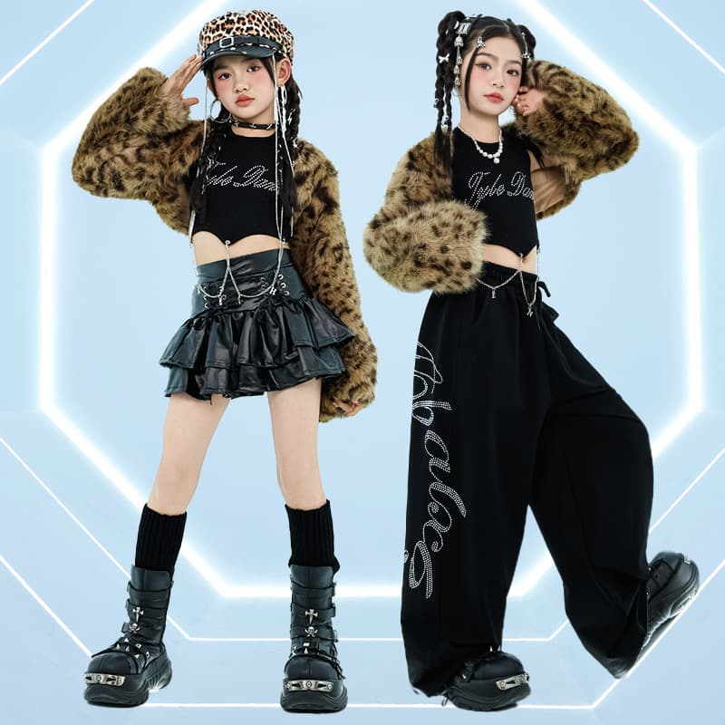 Jazz Dance Girls Trendy Leopard Print Furry Long-Sleeve Jacket and Pants Set Kids Street Dance Performance Costume