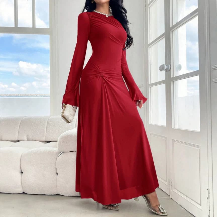 2026 cross-border European and American new style bell-sleeved slim-fitting high-elasticity wrinkled butt-covering fashion dress long skirt