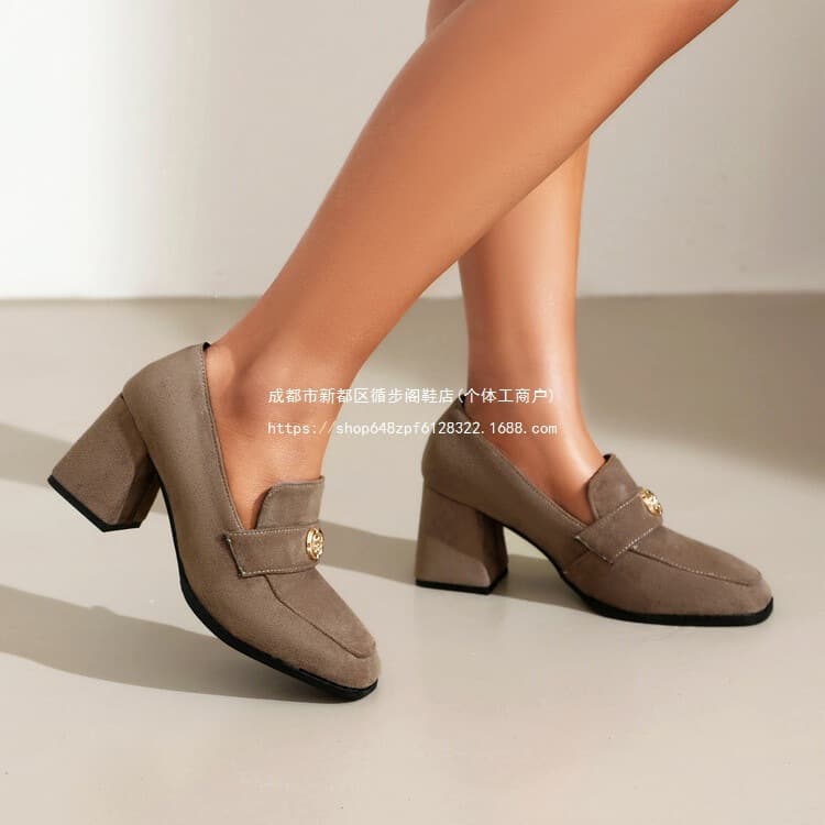 Fashion Square Toe Chunky Heel High Heel Slip-On Flats Black Khaki Beige Mid-Mouth Camellia Decoration Women's Shoes