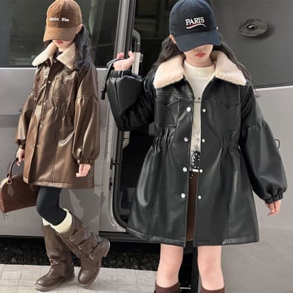 Girls' Faux Leather Jacket with Lapel Collar, Fleece-Lined and Thickened, 2026 Fall/Winter New Style for Older Kids, Casual Fashion Windproof Warm Trend