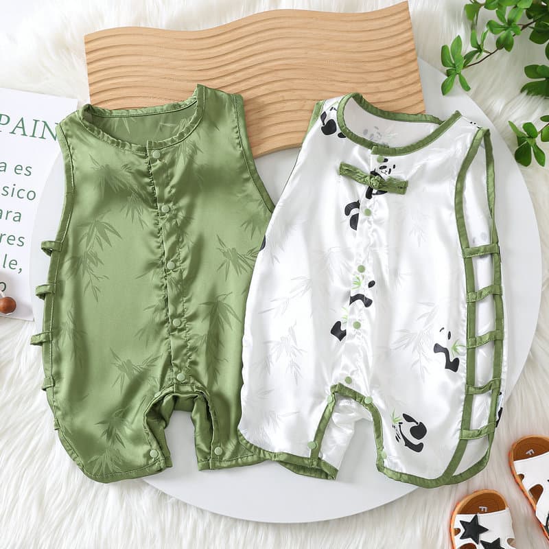 Cool Lightweight Chinese Style Baby Romper Short Sleeve No Hat Boys Girls Newborn Clothes Summer Season Polyester Fiber Single Button Closure