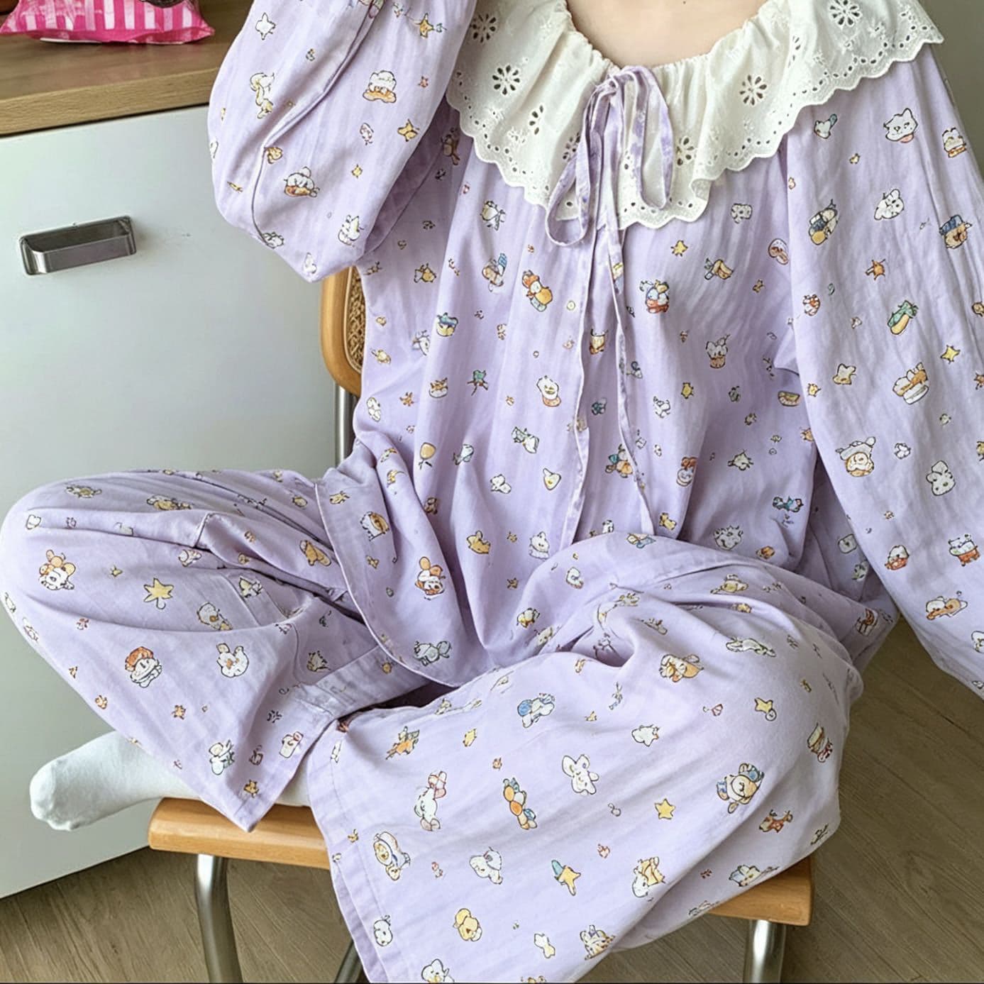 Spring/Autumn New Breathable Cloud Cotton Cartoon Pajama Set for Women Lace Trim Round Neck Plus Size Loose Long Sleeve Long Pants Suit