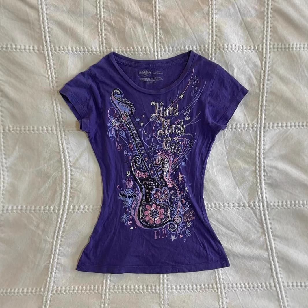 American Retro Vintage Purple Rock Style Design Guitar Print Short-Sleeved Women's Waist T-Shirt Summer