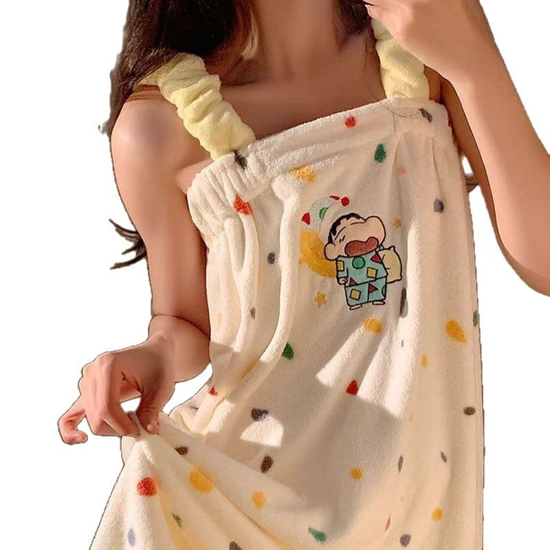 Cute Crayon Shin-chan Bath Towel for Women, Quick-Dry Absorbent Bath Wrap, Anti-Shedding Coral Fleece Hair Drying Cap