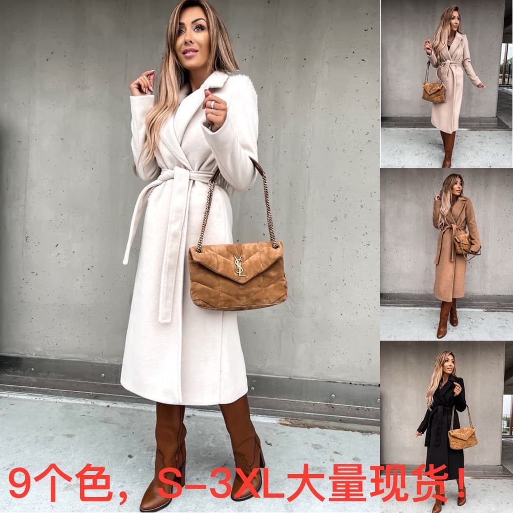 2024 Amazon Best-Seller Independent Site Wish Spring/Autumn Wool Coat Simple Fashion V-Neck Tie Waist Long Coat for Women